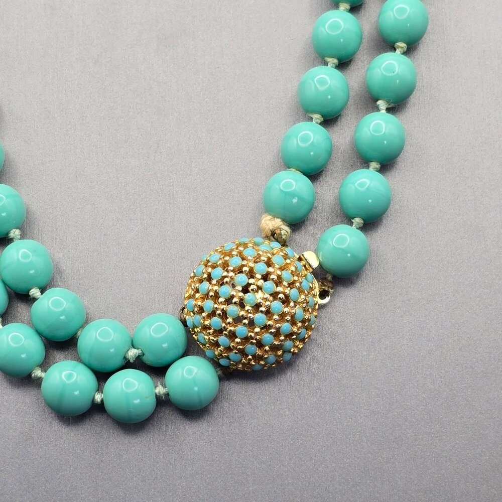 VTG Double Strand Turquoise Colored Bead Choker Necklace 15" Gold-Tone Box Clasp